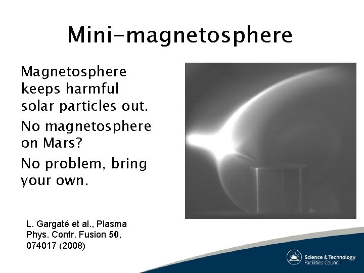 Mini-magnetosphere Magnetosphere keeps harmful solar particles out. No magnetosphere on Mars? No problem, bring