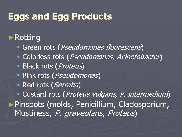 Eggs and Egg Products ► Rotting § Green rots (Pseudomonas fluorescens) § Colorless rots