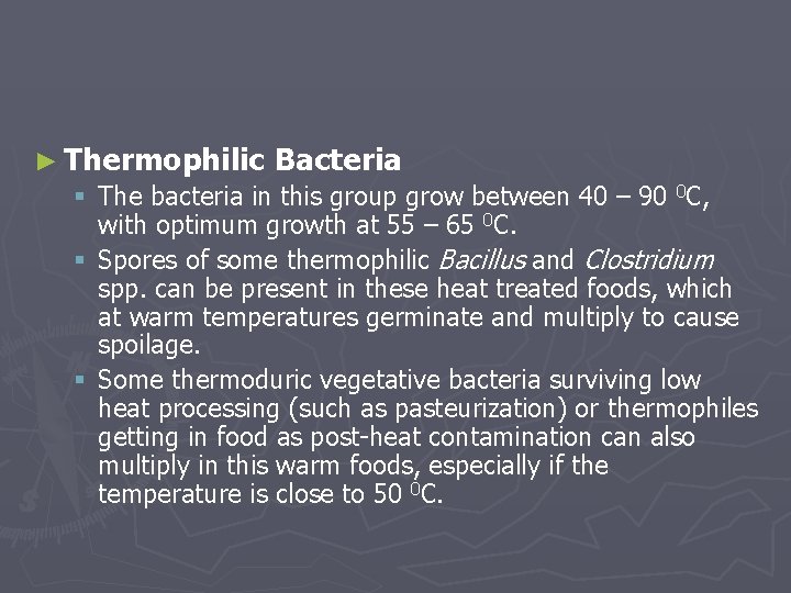 ► Thermophilic Bacteria § The bacteria in this group grow between 40 – 90