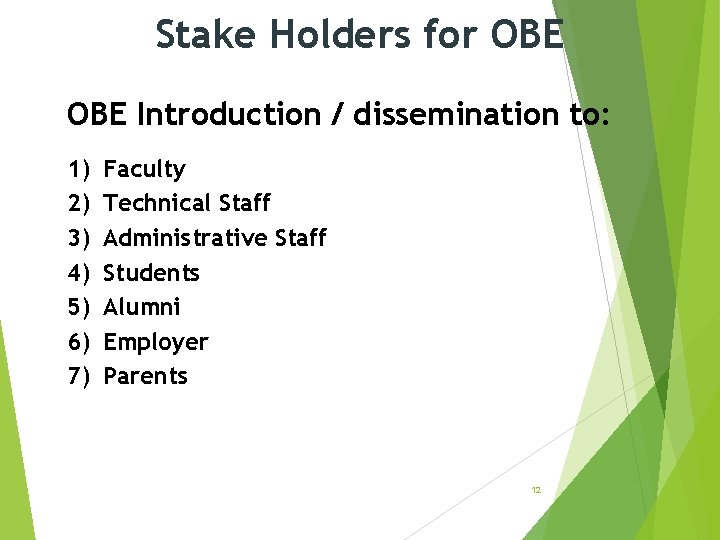 Stake Holders for OBE Introduction / dissemination to: 1) 2) 3) 4) 5) 6)