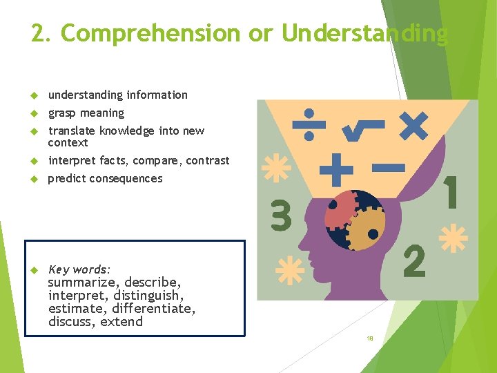 2. Comprehension or Understanding understanding information grasp meaning translate knowledge into new context interpret