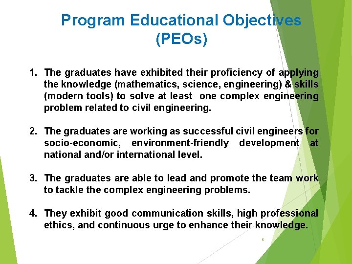 Program Educational Objectives (PEOs) 1. The graduates have exhibited their proficiency of applying the