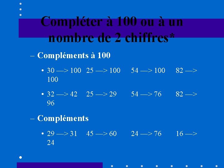 Compléter à 100 ou à un nombre de 2 chiffres* – Compléments à 100
