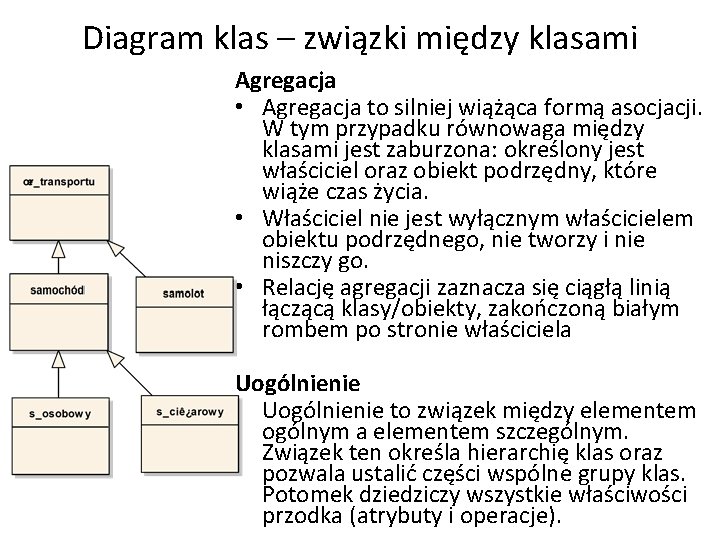 Diagram klas – związki między klasami Agregacja • Agregacja to silniej wiążąca formą asocjacji.