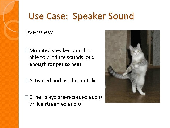 Use Case: Speaker Sound Overview � Mounted speaker on robot able to produce sounds