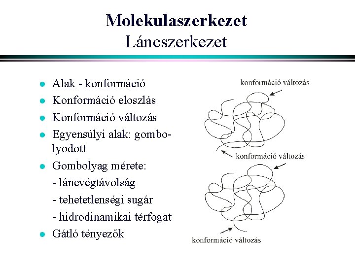 Molekulaszerkezet Láncszerkezet l l l Alak - konformáció Konformáció eloszlás Konformáció változás Egyensúlyi alak: