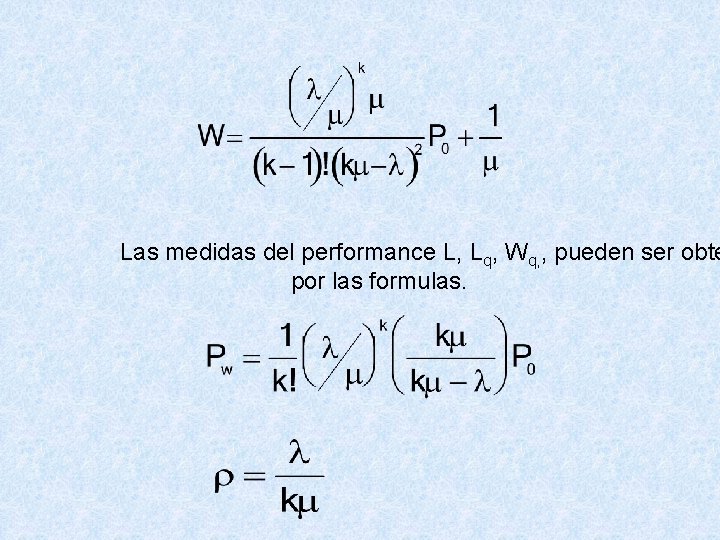 Las medidas del performance L, Lq, Wq, , pueden ser obte por las formulas.