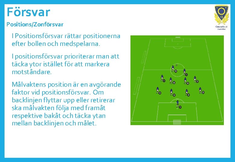 Försvar Positions/Zonförsvar I Positionsförsvar rättar positionerna efter bollen och medspelarna. I positionsförsvar prioriterar man