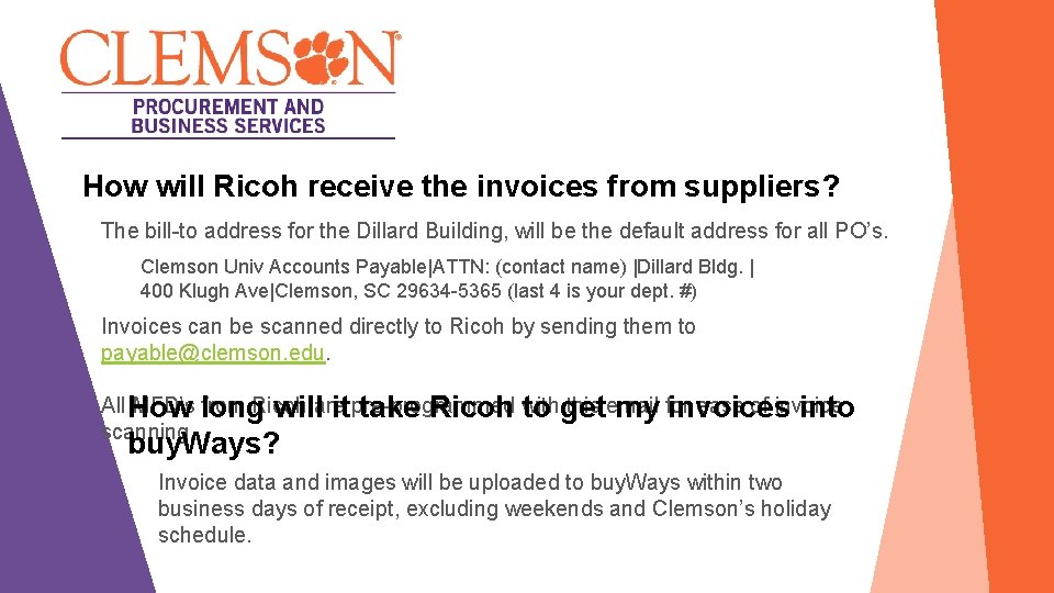 How will Ricoh receive the invoices from suppliers? The bill-to address for the Dillard
