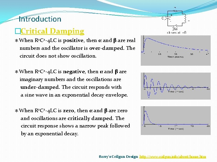 Introduction �Critical Damping ＊When R 2 C 2 -4 LC is positive, then α