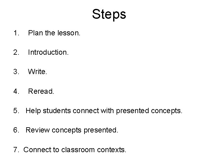 Steps 1. Plan the lesson. 2. Introduction. 3. Write. 4. Reread. 5. Help students