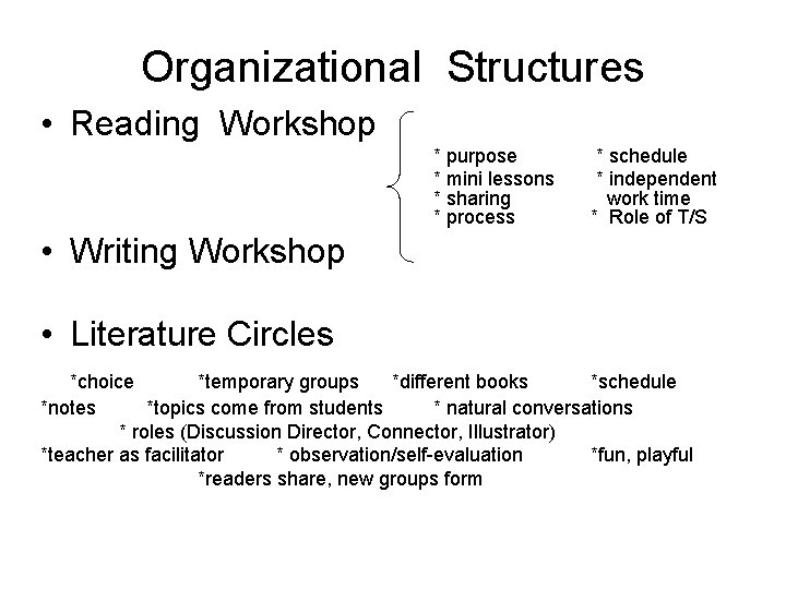 Organizational Structures • Reading Workshop * purpose * mini lessons * sharing * process