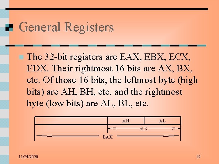 General Registers n The 32 -bit registers are EAX, EBX, ECX, EDX. Their rightmost