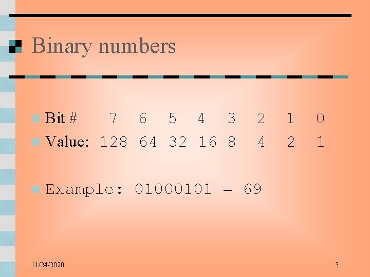 Binary numbers Bit # 7 6 5 4 3 n Value: 128 64 32
