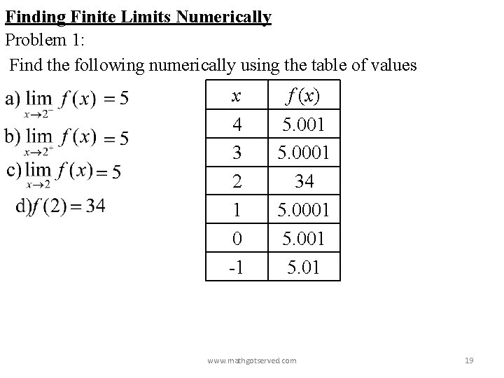 Finding Finite Limits Numerically Problem 1: Find the following numerically using the table of