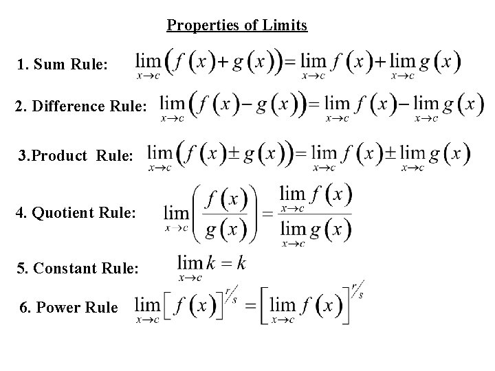 Properties of Limits 1. Sum Rule: 2. Difference Rule: 3. Product Rule: 4. Quotient