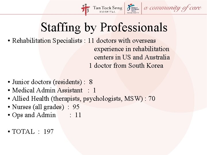 Staffing by Professionals • Rehabilitation Specialists : 11 doctors with overseas experience in rehabilitation