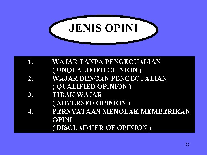 JENIS OPINI 1. 2. 3. 4. WAJAR TANPA PENGECUALIAN ( UNQUALIFIED OPINION ) WAJAR