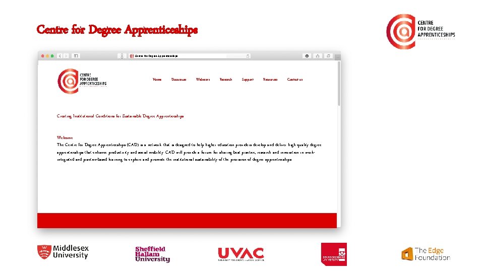 Centre for Degree Apprenticeships Home Discussion Webinars Research Support Resources Contact us Creating Institutional