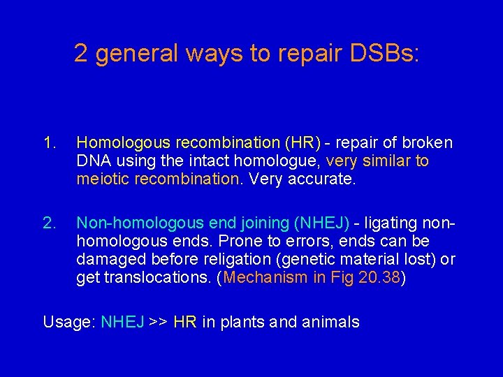2 general ways to repair DSBs: 1. Homologous recombination (HR) - repair of broken