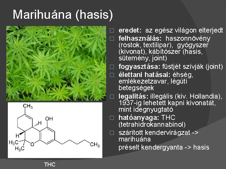 Marihuána (hasis) � � � � THC eredet: az egész világon elterjedt felhasználás: haszonnövény