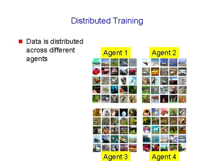 Distributed Training g Data is distributed across different agents Agent 1 Agent 2 Agent