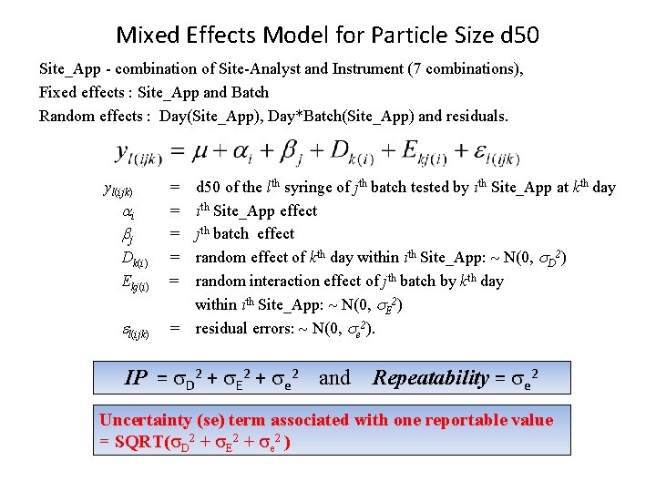 Mixed Effects Model for Particle Size d 50 Site_App - combination of Site-Analyst and