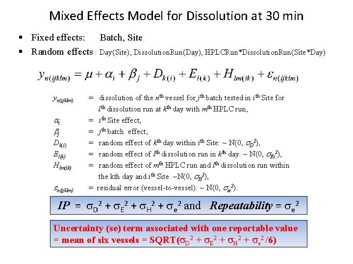 Mixed Effects Model for Dissolution at 30 min § Fixed effects: Batch, Site §