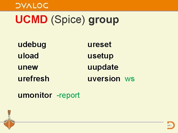 UCMD (Spice) group udebug uload unew urefresh umonitor -report ureset usetup uupdate uversion ws