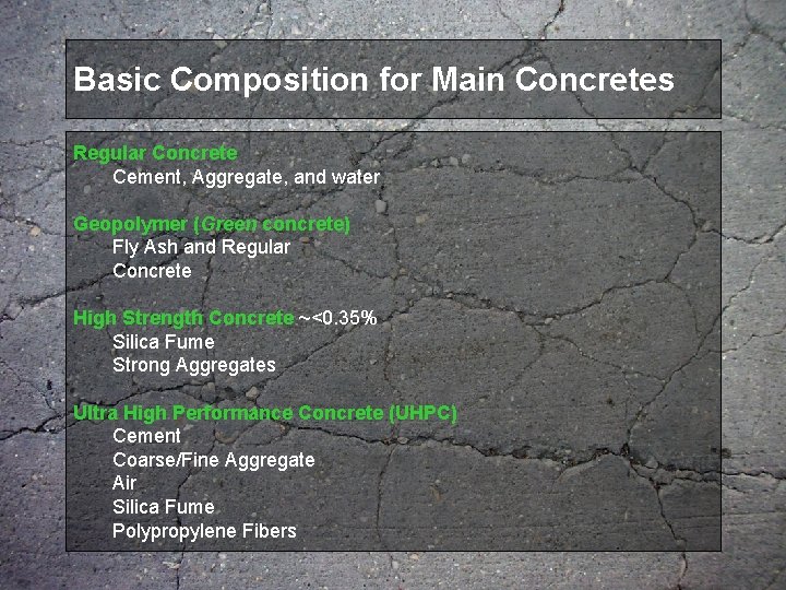 Basic Composition for Main Concretes Regular Concrete Cement, Aggregate, and water Geopolymer (Green concrete)