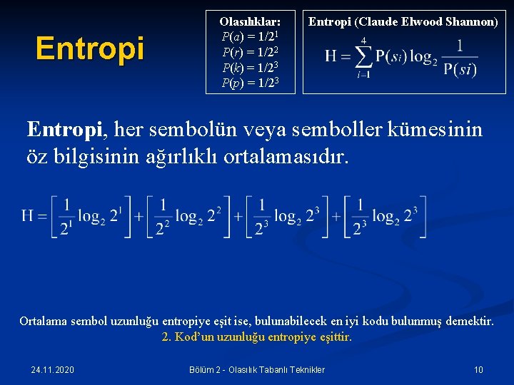 Entropi Olasılıklar: P(a) = 1/21 P(r) = 1/22 P(k) = 1/23 P(p) = 1/23