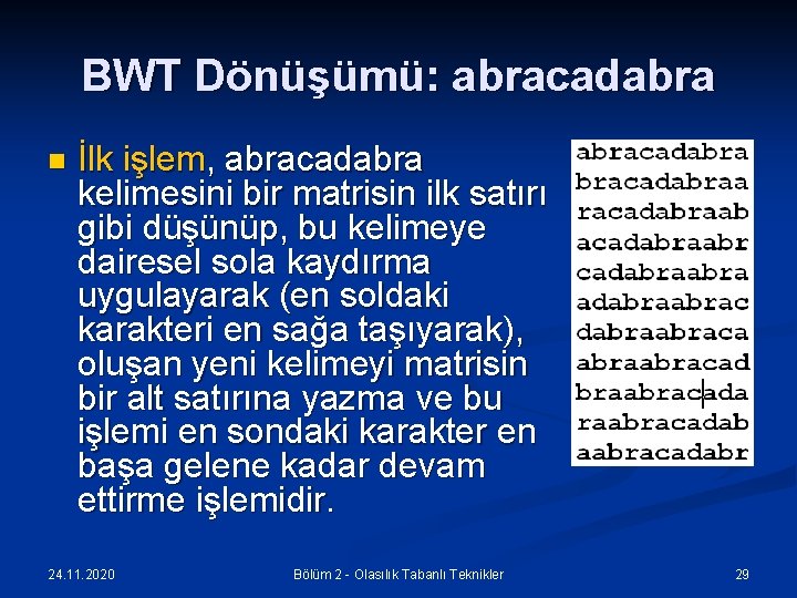 BWT Dönüşümü: abracadabra n İlk işlem, abracadabra kelimesini bir matrisin ilk satırı gibi düşünüp,