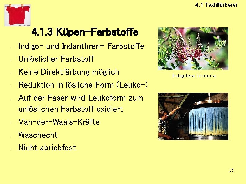 4. 1 Textilfärberei 4. 1. 3 Küpen-Farbstoffe • • Indigo- und Indanthren- Farbstoffe Unlöslicher