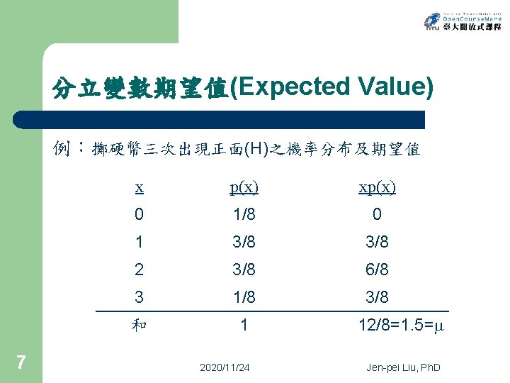 分立變數期望值(Expected Value) 例：擲硬幣三次出現正面(H)之機率分布及期望值 7 x p(x) xp(x) 0 1/8 0 1 3/8 2 3/8