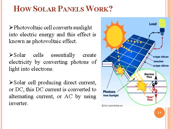  HOW SOLAR PANELS WORK? ØPhotovoltaic cell converts sunlight into electric energy and this