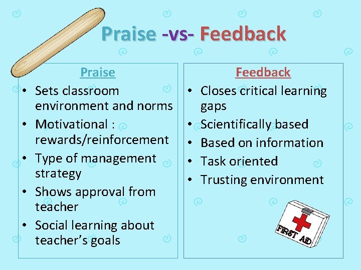  Praise -vs- Feedback • • • Praise Sets classroom environment and norms Motivational