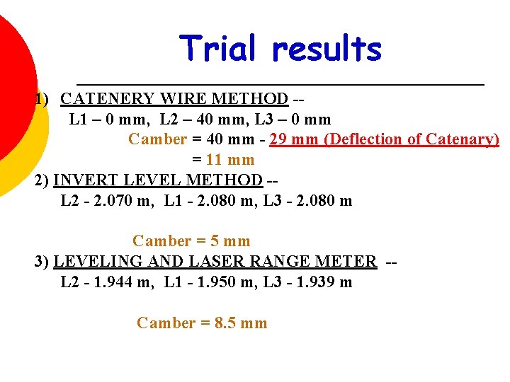 Trial results 1) CATENERY WIRE METHOD -L 1 – 0 mm, L 2 –