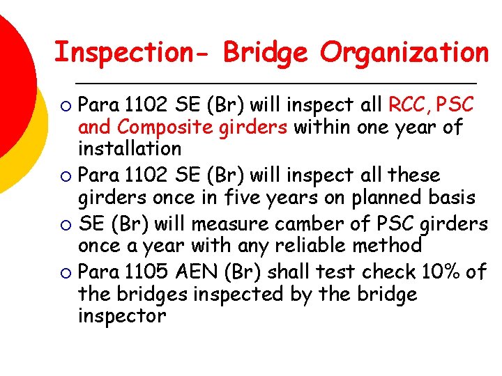 Inspection- Bridge Organization Para 1102 SE (Br) will inspect all RCC, PSC and Composite