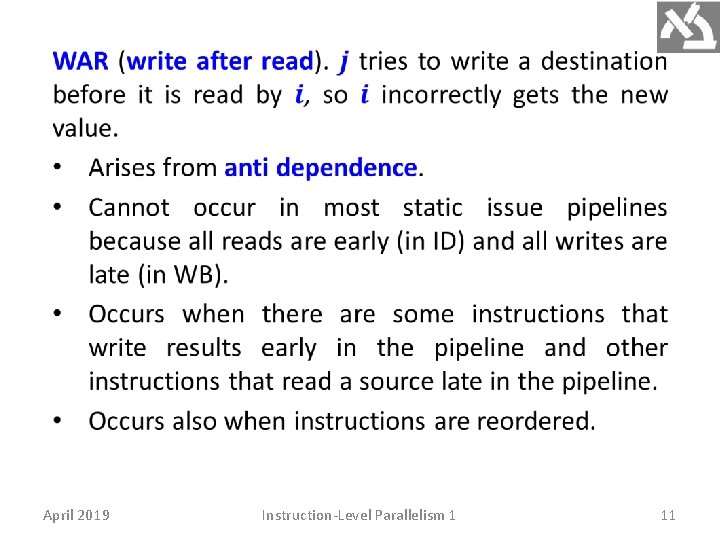  April 2019 Instruction-Level Parallelism 1 11 
