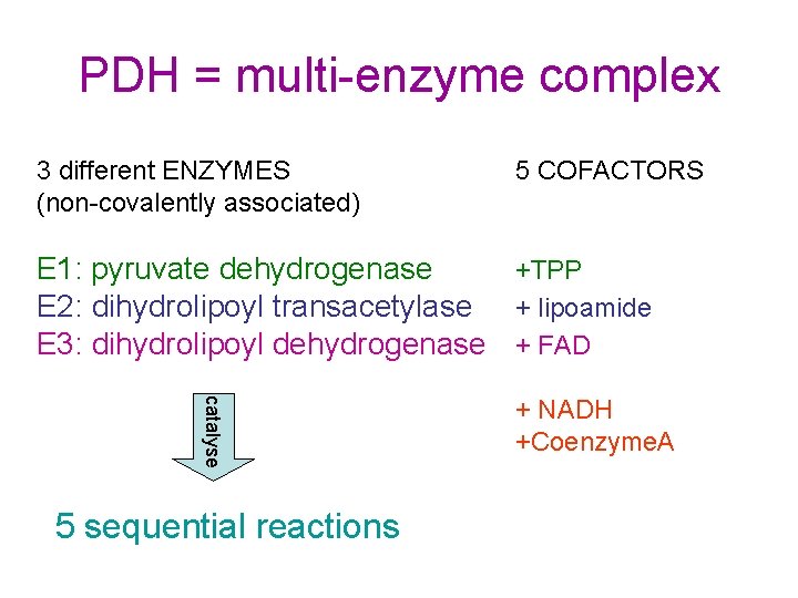 PDH = multi-enzyme complex 3 different ENZYMES (non-covalently associated) 5 COFACTORS E 1: pyruvate