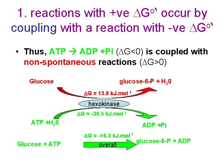 1. reactions with +ve DGo‘ occur by coupling with a reaction with -ve DGo‘