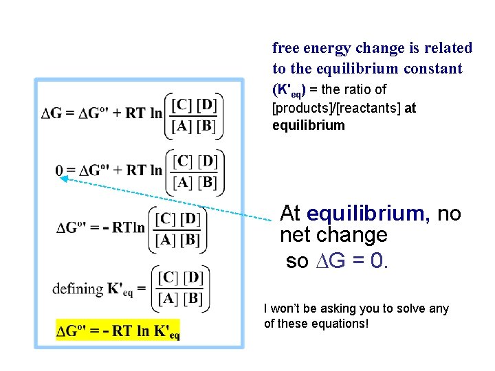 free energy change is related to the equilibrium constant (K'eq) = the ratio of