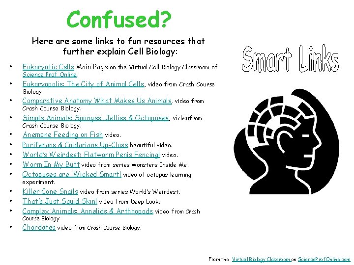 Confused? Here are some links to fun resources that further explain Cell Biology: •