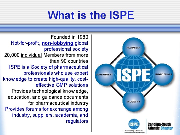 What is the ISPE Founded in 1980 Not-for-profit, non-lobbying global professional society 20, 000 What is the ISPE Founded in 1980 Not-for-profit, non-lobbying global professional society 20, 000