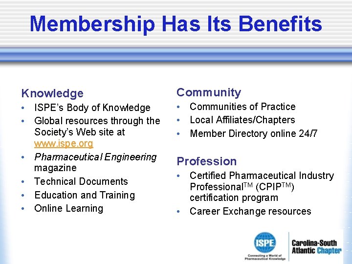Membership Has Its Benefits Knowledge Community • ISPE’s Body of Knowledge • Global resources Membership Has Its Benefits Knowledge Community • ISPE’s Body of Knowledge • Global resources