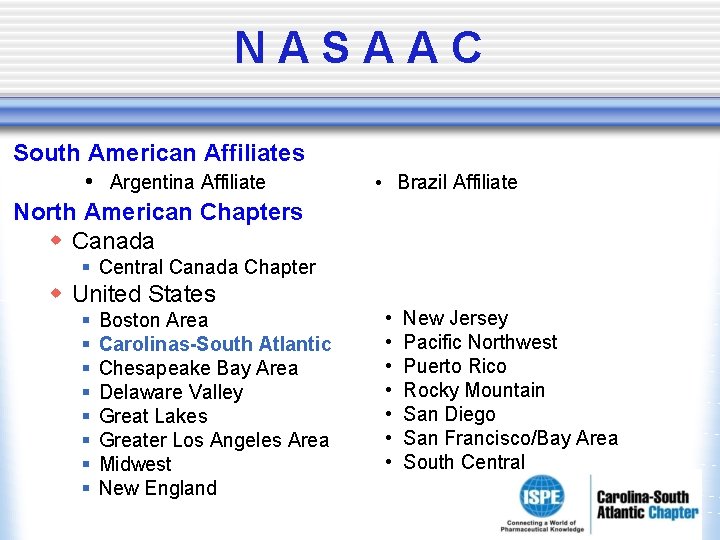 NASAAC South American Affiliates • Argentina Affiliate North American Chapters w Canada • Brazil NASAAC South American Affiliates • Argentina Affiliate North American Chapters w Canada • Brazil