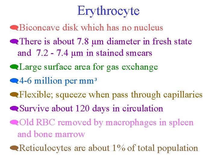 Erythrocyte (Biconcave disk which has no nucleus (There is about 7. 8 µm diameter