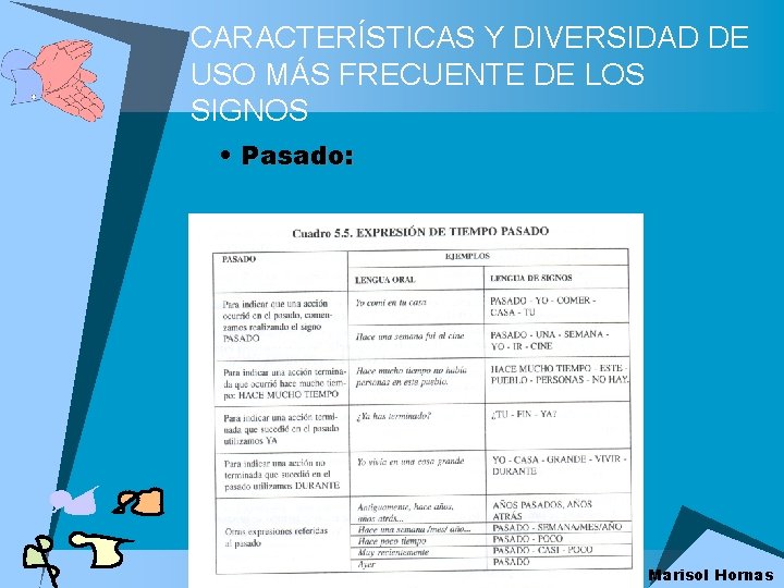 CARACTERÍSTICAS Y DIVERSIDAD DE USO MÁS FRECUENTE DE LOS SIGNOS • Pasado: Marisol Hornas