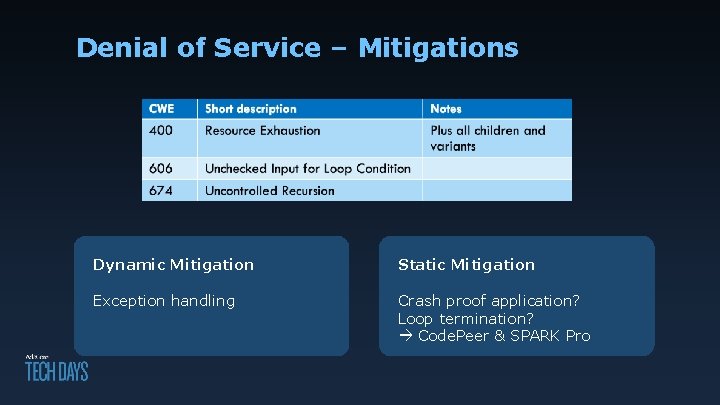 Denial of Service – Mitigations Dynamic Mitigation Static Mitigation Exception handling Crash proof application?