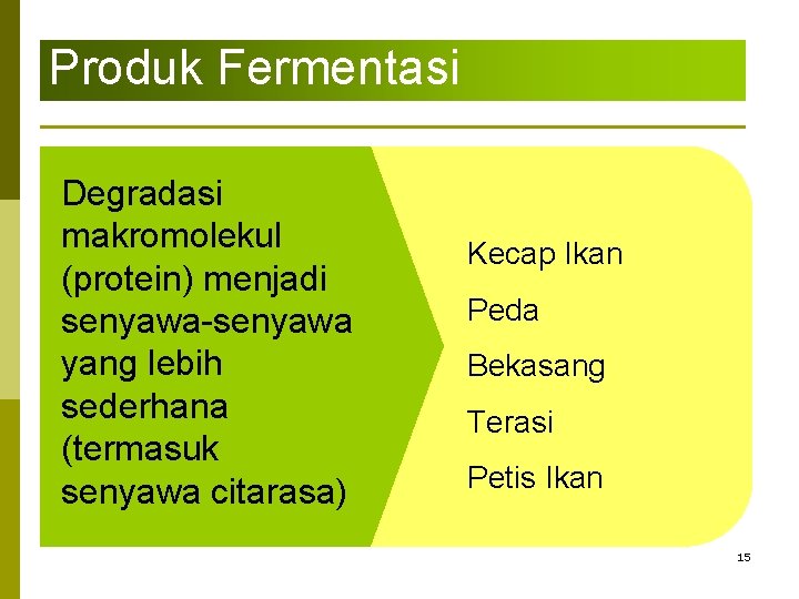 Produk Fermentasi Degradasi makromolekul (protein) menjadi senyawa-senyawa yang lebih sederhana (termasuk senyawa citarasa) Kecap